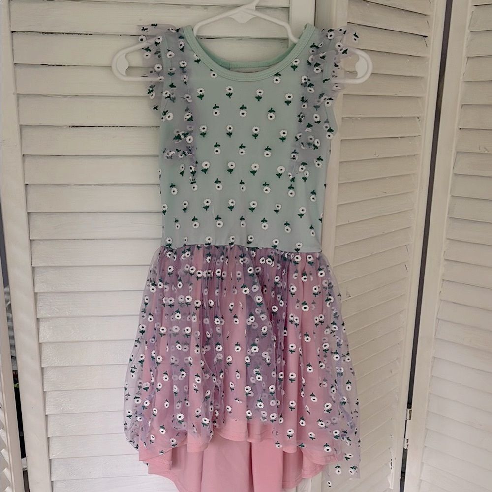 Floral Ruffle Kids Dress - Mint Green and Pink